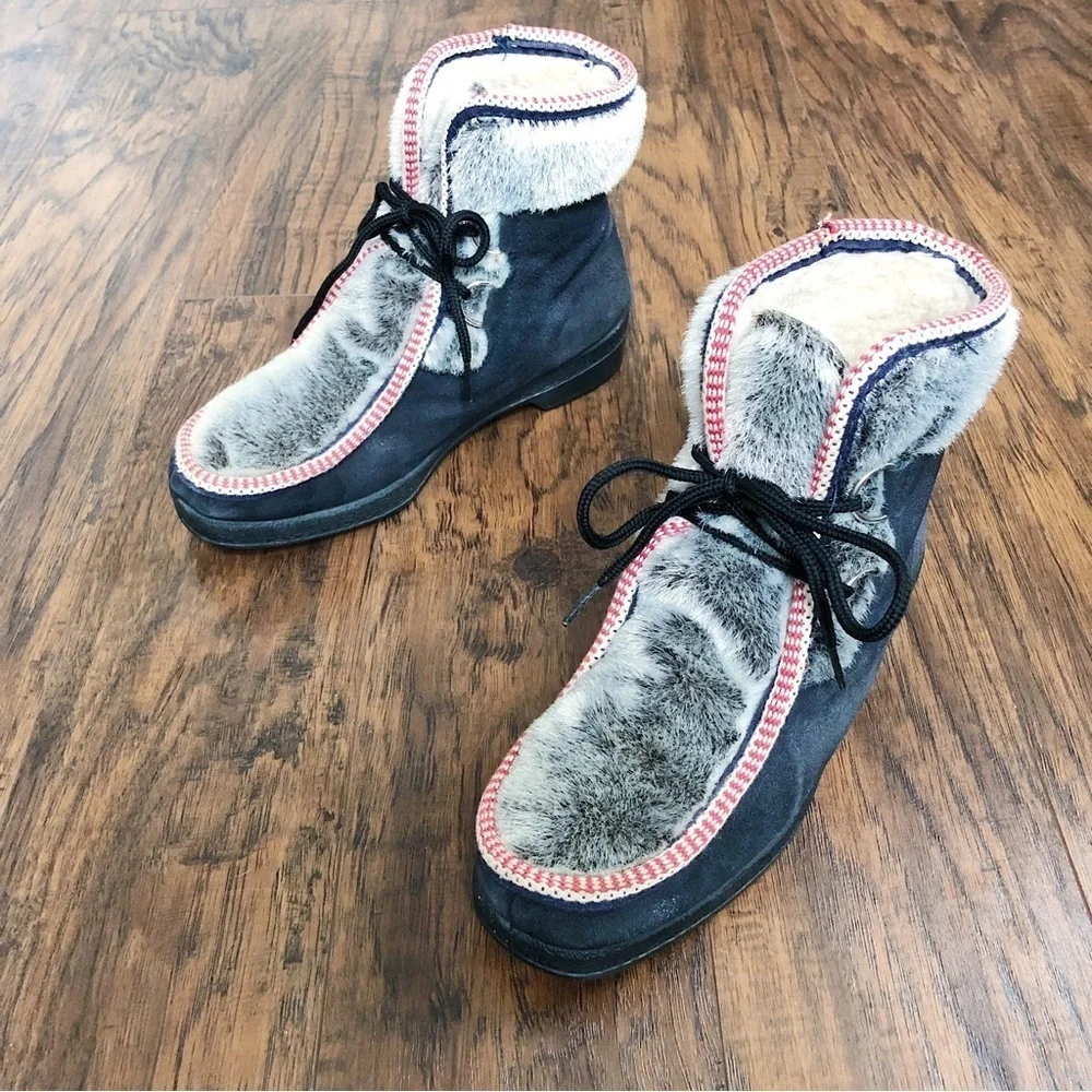 Yodelers • vintage 70s fur trimmed boots black suede faux fur lace up ankle